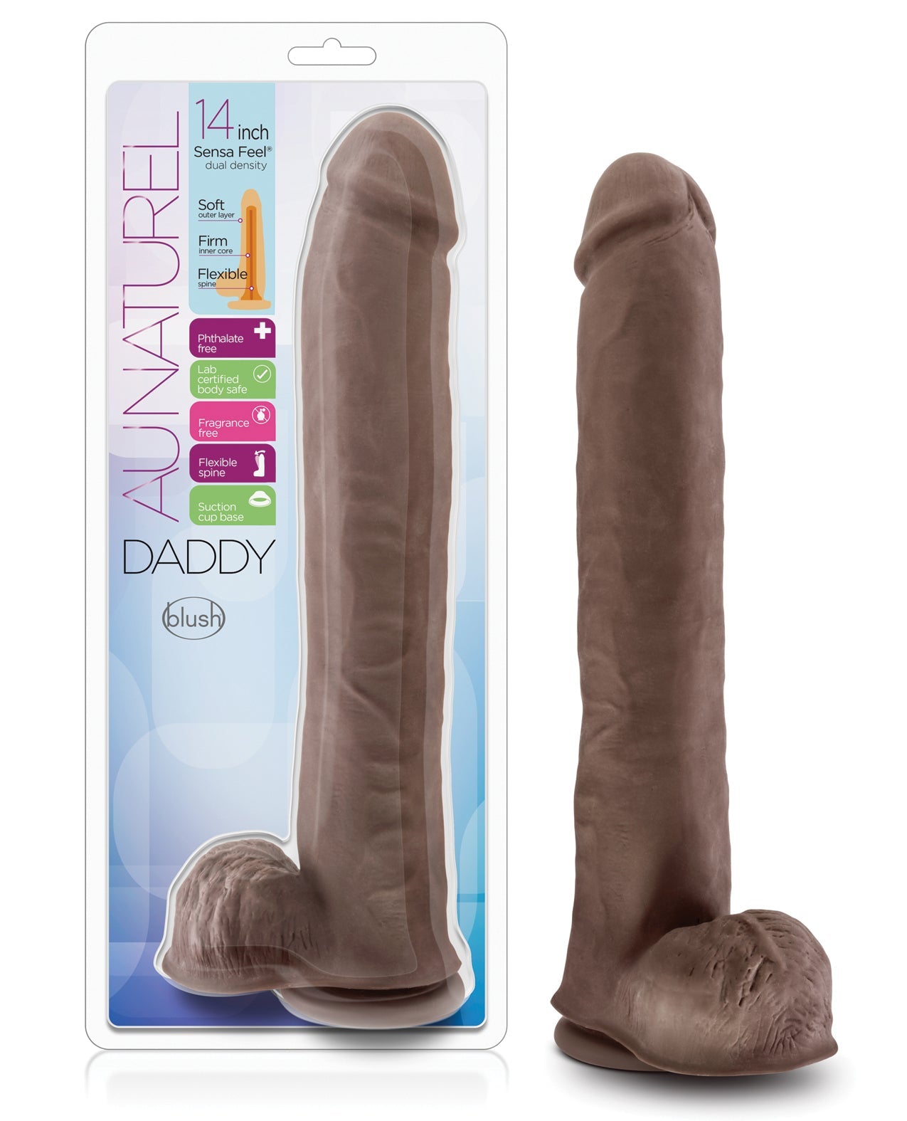 Blush Au Naturel Daddy 14&quot; Sensa Feel Dual Density Dong w/Suction Cup - Chocolate