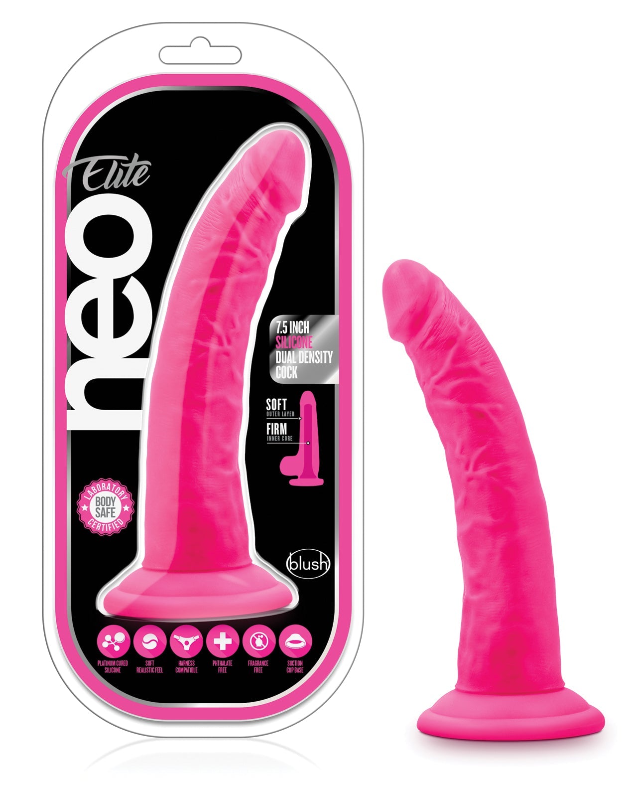 Blush Neo Elite 7.5&quot; Silicone Dual Density Cock w/Balls - Neon Pink