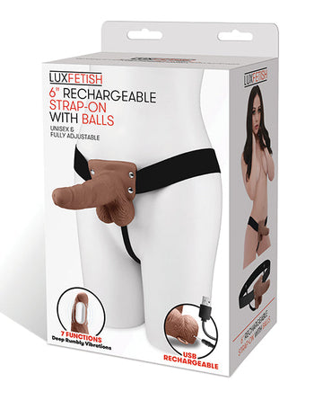 Lux Fetish 6&quot; Rechargeable Strap On w/Balls - Brown