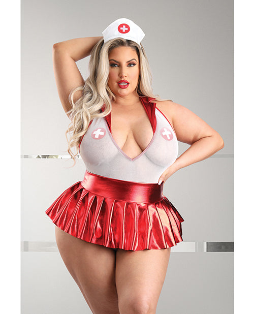 Play Pulse Check Collared Teddy w/Open Back, Pleated Skirt, Medic Hat &amp; Pasties Red/White 1X/2X
