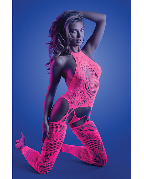 Glow Captivating Halter Bodystocking &amp; G-String Neon Pink O/S