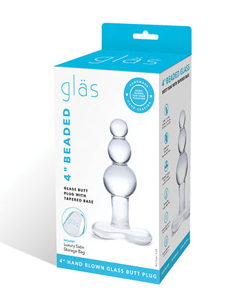 Glas 4&quot; Beaded Glass Butt Plug w/Tapered Base - Clear