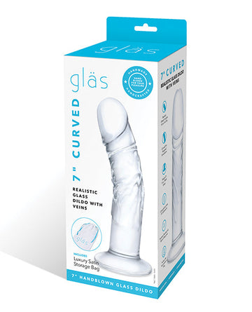 Glas 7&quot; Realistic Curved Glass Dildo w/Veins - Clear