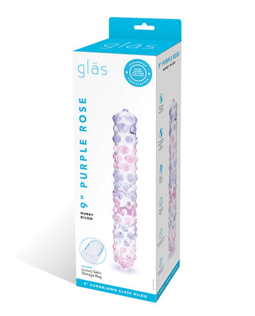 Glas 9&quot; Purple Rose Nubby Glass Dildo - Purple/Pink