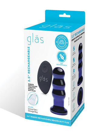 Glas 3.5&quot; Rechargeable Vibrating Beaded Butt Plug - Blue