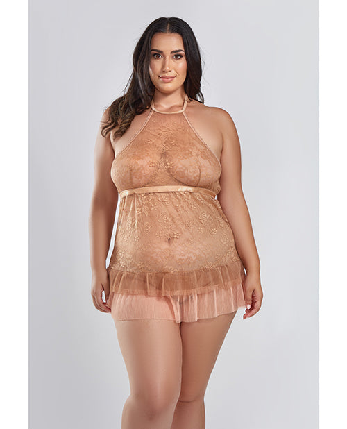 Amber Halter Lace Babydoll w/Tiered Pleated Mesh Skirt Hem &amp; G-String Brown 3X