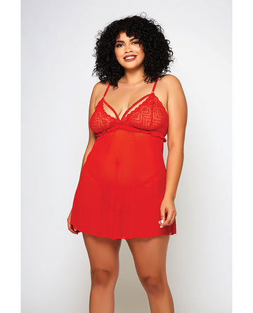 Galloon Lace &amp; Fine Mesh Babydoll &amp; G-String Red 1X