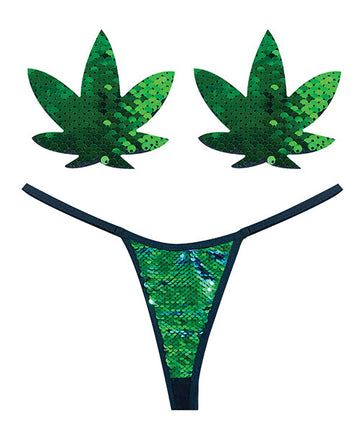 Neva Nude Naughty Knix Weed Leaf Sequin G-String &amp; Pasties - Green  O/S