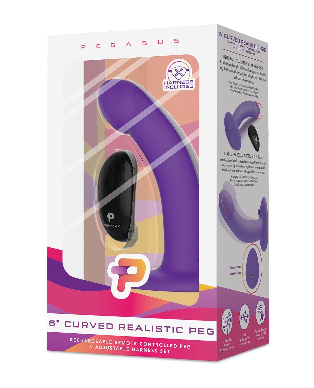 Pegasus 6&quot; Rechargeable Curved Peg w/Adjustable Harness &amp; Remote Set - Purple