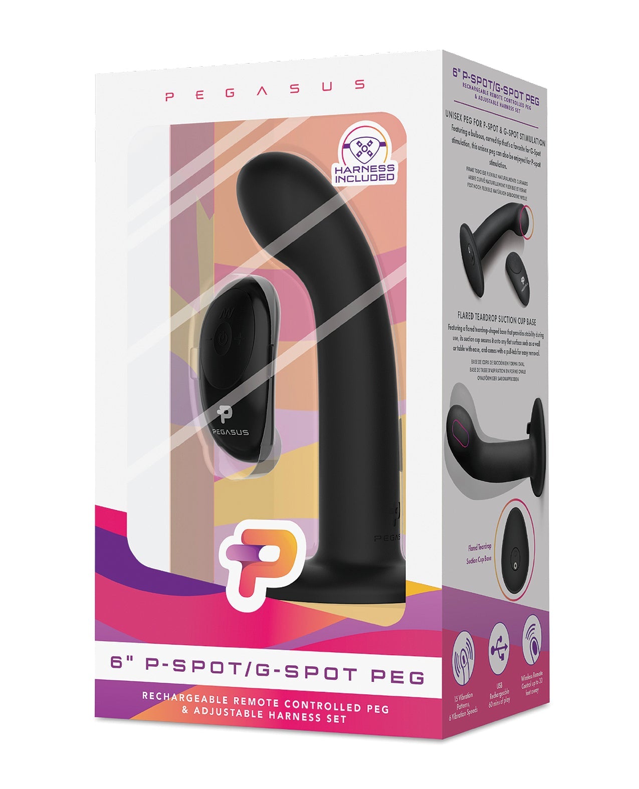Pegasus 6&quot; Rechargeable P-Spot G-Spot Peg w/Adjustable Harness &amp; Remote Set - Black