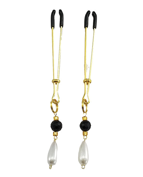 Bijoux de Nip Tweezer Nipple Clamp w/Black &amp; Gold Beads w/Pearl - Gold