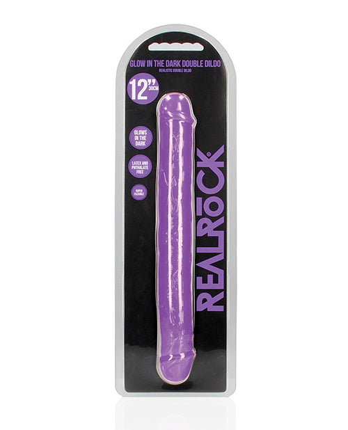 Shots RealRock 12&quot; Double Dong Glow in the Dark - Neon Purple