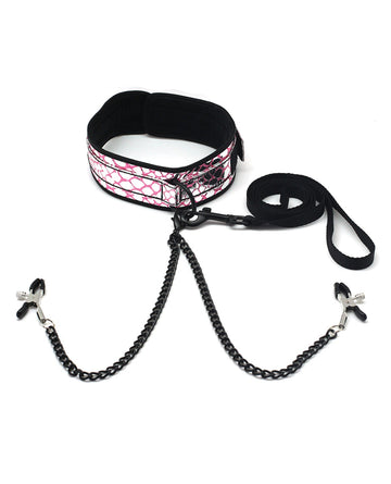 Spartacus Faux Leather Collar &amp; Leash w/Black Nipple Clamps - Pink