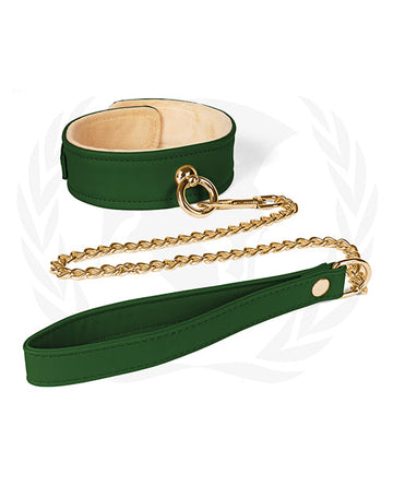 Spartacus Plush Lined PU Collar &amp; Chained Leash - Green