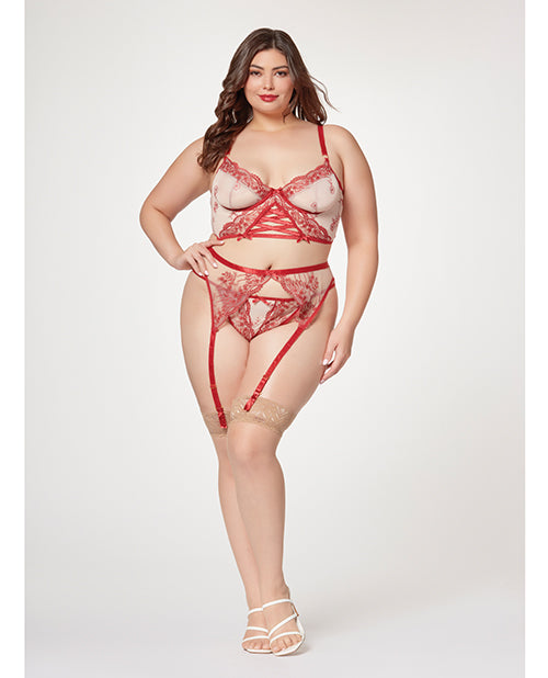 Sheer Stretch Mesh w/Floral Contrast Embroidery Bustier, Garter Belt &amp; Thong Red/Nude 1X/2X