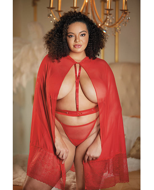 Allure Lace &amp; Mesh Cape w/Attached Waist Belt (G-String NOT included) Red QN