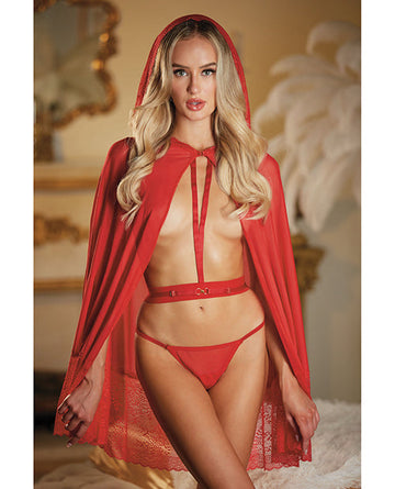 Allure Lace &amp; Mesh Cape w/Attached Waist Belt (G-String NOT included) Red O/S