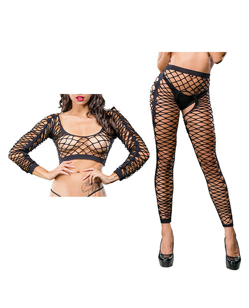 Beverly Hills Naughty Girl Crotchless Front Mesh &amp; Side Design Leggings Black O/S