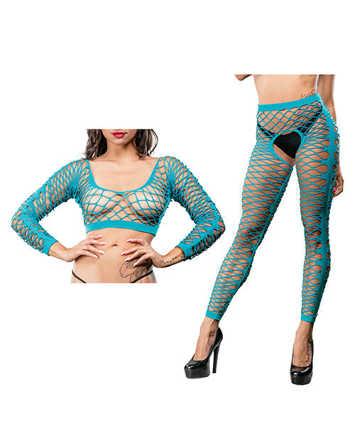 Beverly Hills Naughty Girl Crotchless Front Mesh &amp; Side Design Leggings Turquoise O/S
