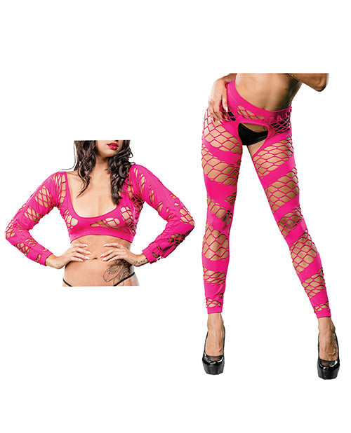 Beverly Hills Naughty Girl Crotchless Mesh &amp; Fishnet Leggings Pink O/S