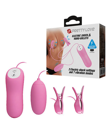 Pretty Love Electric Shock Vibro Nipple Clamps &amp; Bullet - Pink