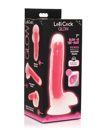 Curve Toys Lollicock 7&quot; Glow In The Dark Silicone Dildo w/Balls - Pink