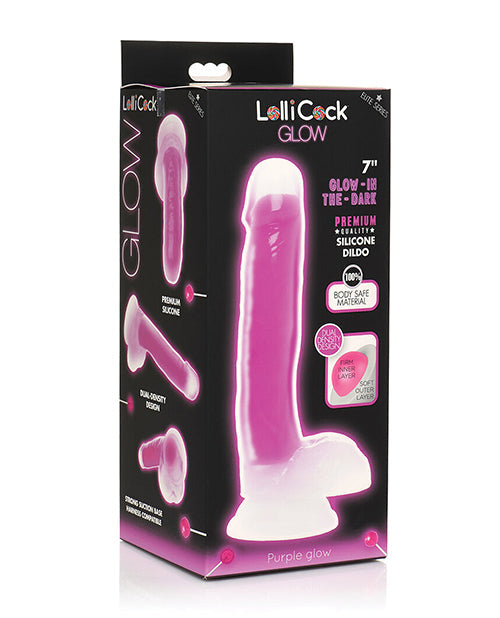 Curve Toys Lollicock 7&quot; Glow In The Dark Silicone Dildo w/Balls - Purple