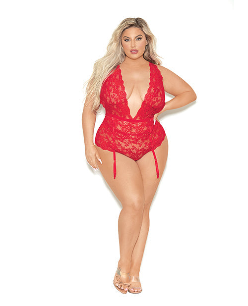 Euphoria Deep V Lace Teddiette w/Open Crotch &amp; Butt Red QN