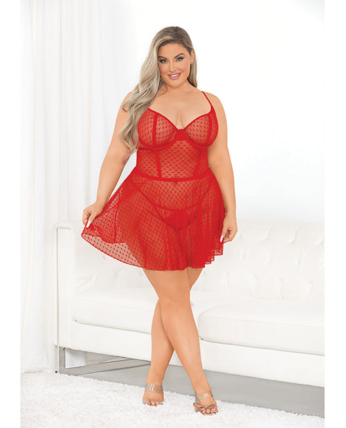 Red Hearts Mesh Babydoll &amp; G-String Red 3X