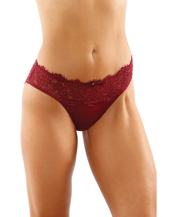 Bottoms Up Ivy Eyelash Lace Panty w/Criss Cross Back &amp; Bow Trims Garnet S/M