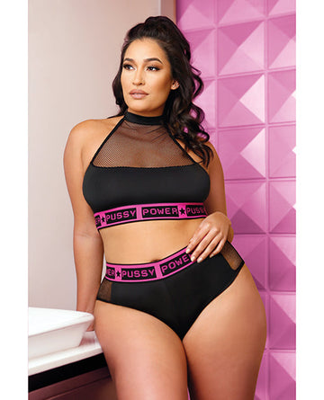 Vibes Pussy Power Micro-Net Halter Top &amp; Booty Short Black QN