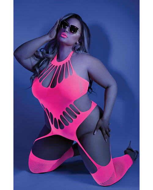 Glow Black Light Footless Teddy Bodystocking Neon Pink QN