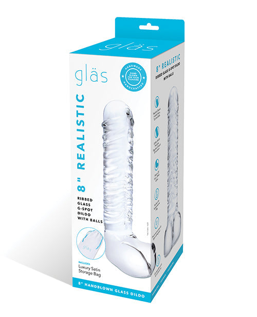 Glas 8&quot; Realistic Ribbed Glass G-Spot Dildo w/Balls - Clear