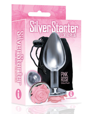 The 9&#039;s The Silver Starter Rose Floral Stainless Steel Butt Plug - Pink