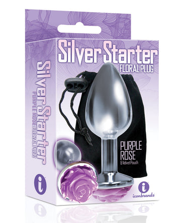 The 9&#039;s The Silver Starter Rose Floral Stainless Steel Butt Plug - Purple