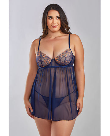 Jennie Cross Dyed Galloon Lace &amp; Mesh Babydoll Navy 2X