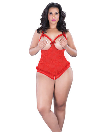 Lace Open Cup &amp; Crotchless Teddy Red QN