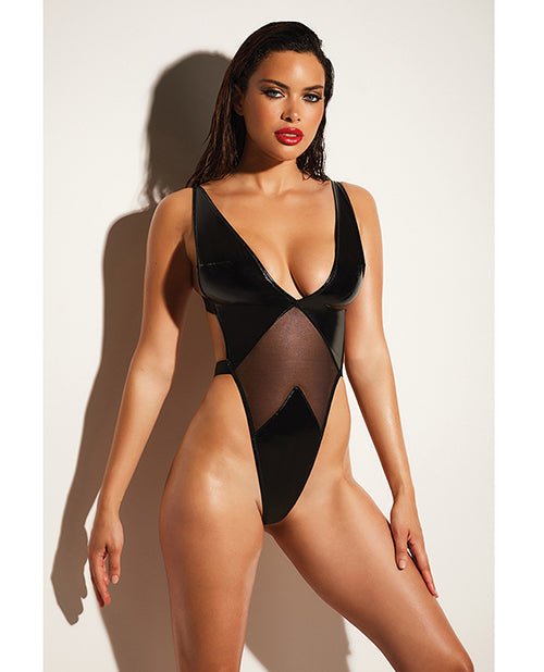 FETISH Limitless Soft Cup High Leg Vinyl &amp; Mesh Teddy Black 1X/2X