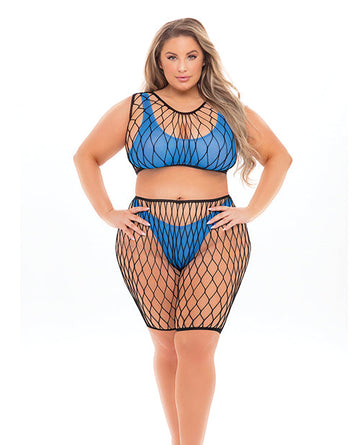 Pink Lipstick Brace for Impact Large Fishnet Top, Shorts, Bra &amp; Thong (Fits up to 3X) Neon Blue QN