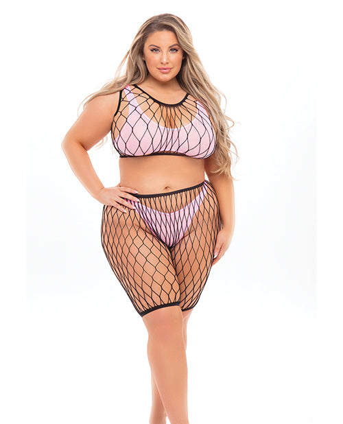 Pink Lipstick Brace for Impact Large Fishnet Top, Shorts, Bra &amp; Thong (Fits up to 3X) Pink QN