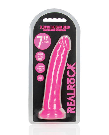 Shots RealRock 7&quot; Slim Dildo Glow in the Dark - Neon Pink