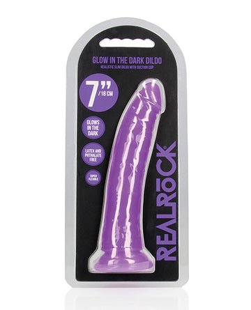 Shots RealRock 7&quot; Slim Dildo Glow in the Dark - Neon Purple