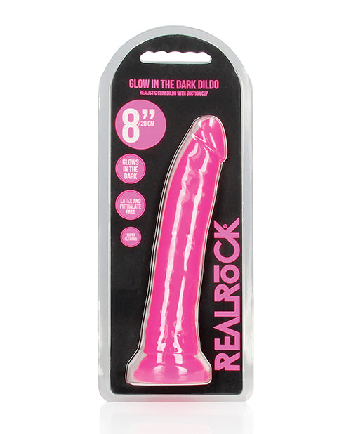 Shots RealRock 8&quot; Slim Dildo Glow in the Dark - Neon Pink