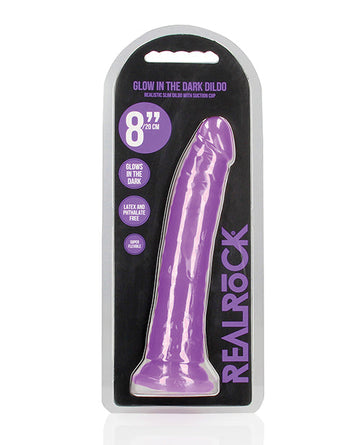 Shots RealRock 8&quot; Slim Dildo Glow in the Dark - Neon Purple