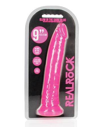 Shots RealRock 9&quot; Slim Dildo Glow in the Dark - Neon Pink