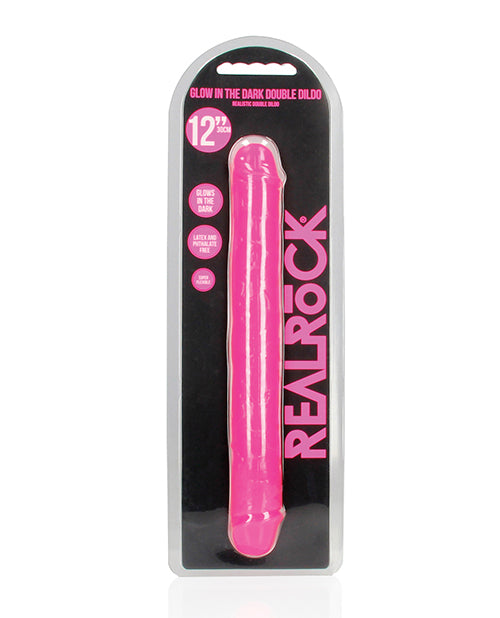 Shots RealRock 12&quot; Double Dong Glow in the Dark - Neon Pink