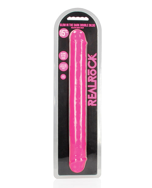 Shots RealRock 15&quot; Double Dong Glow in the Dark - Neon Pink