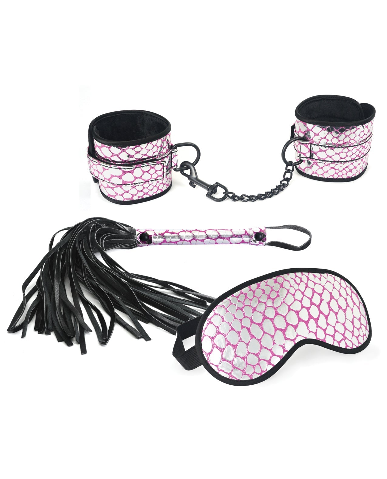 Spartacus Faux Leather Wrist Restraints Blindfold &amp; Flogger Bondage Kit - Pink