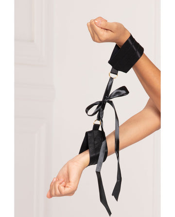 Satin Elastic Cuffs D-Ring &amp; Satin Ribbon Tie Black O/S