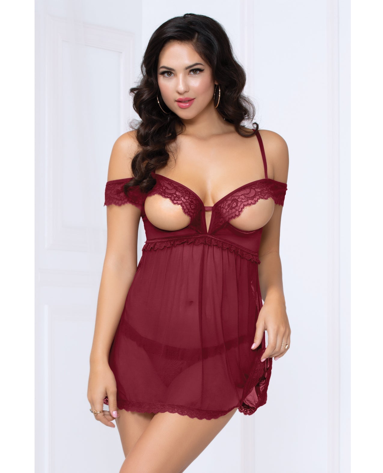 Lace &amp; Mesh Open Cups Babydoll w/Fly Away Back &amp; Panty Wine MD